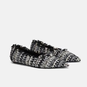 Zara black & white pointed toe tweed ballet flats